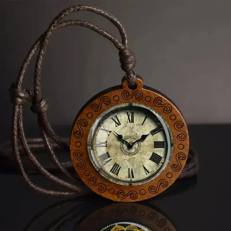 Rustic Wooden Clock Pendant Necklace – Vintage Non-Working Pocket Watch Charm, Distressed Timepiece Jewelry with Adjustable Cord, Unisex Gift